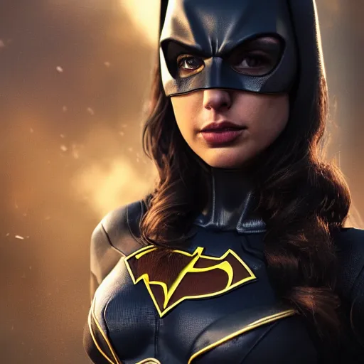 Image similar to a potrait of Gal Gadot as Batgirl with Batman v Superman style suit by Greg Rutkowski, Sung Choi, Mitchell Mohrhauser, Maciej Kuciara, Johnson Ting, Maxim Verehin, Peter Konig, 8k photorealistic, cinematic lighting, HD, high details, dramatic, trending on artstation, full body shot