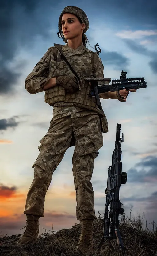 Prompt: highly detailed, high resolution, war footage, stunning, real world, real sunset, in the middle of the battlefield, a girls half nathalie portman half jessica alba, frontline style, bokeh soft, 100mm, trending on instagram, by professional photographer, featuring picciolina airsoftgirl, realistic human anatomy, realistic military carrier, soldier clothing, modern warfare, realistic handgun