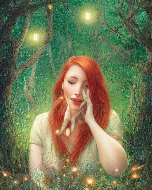 Prompt: a young woman, admiring the lights of golden fireflies, sitting in the midst of nature fully covered, long loose red hair, intricate linework, green eyes, small nose with freckles, oval shape face, soft happy smile, realistic, expressive emotions, mystical scene, hyper realistic ultrafine detailed illustration by james jean, albert bierstadt and artgerm