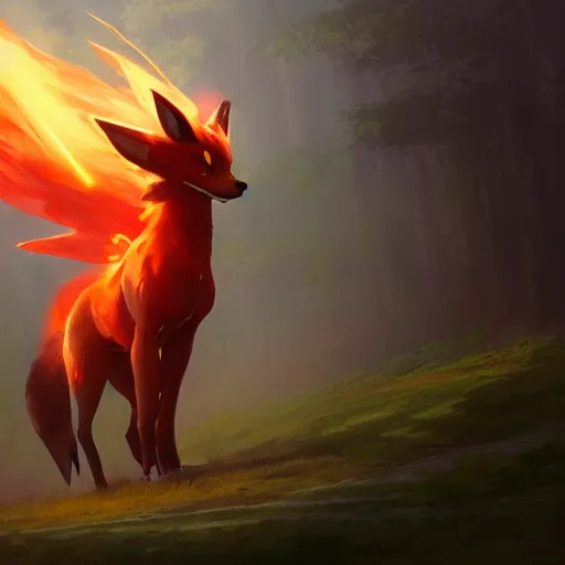 Image similar to pokemon fox rapidash of fire, artstation greg rutkowski, cinematic, hyperrealist, digital art