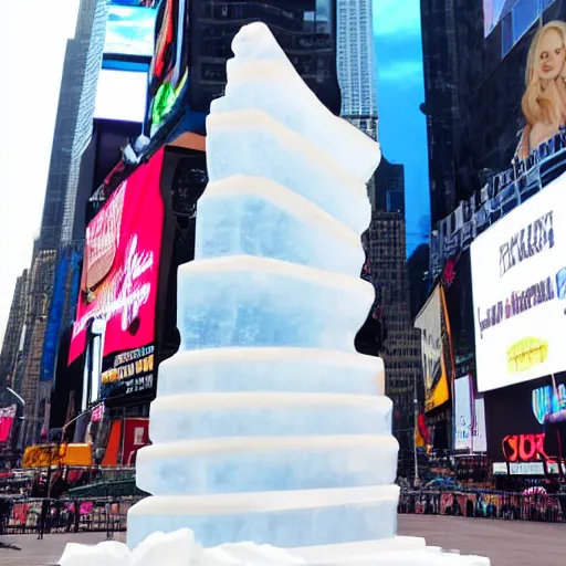 Image similar to margot robbie ice sculpture in times square, photorealistic, 8 k resolution, high detail