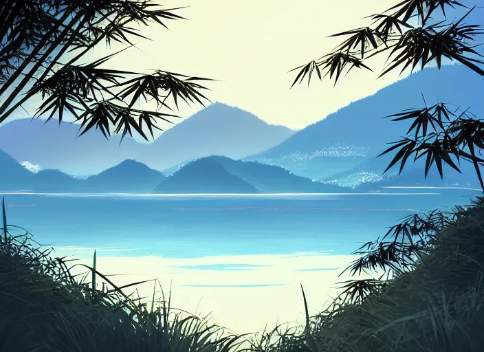 Prompt: misty japanese bamboo forest, lake foreground, large mountain background, sunny, cartoony, stylized anime, sun rays, soft, moody lighting, by hayao miyazaki, ghibli studio, makoto shinkai, toei animation, studio trigger, trending on artstation, 4 k, hd