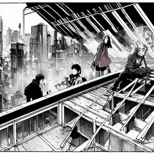 Image similar to high quality illustration of a rooftop picnic in an abandoned building in the style of ghost in the shell and blame and akira, manga, black and white, pencil, traditional art, anime, by katsuhiro otomo and tsutomu nihei and masamune shirow and studio ghilibi and yukito kishiro, highly detailed, sharp lines