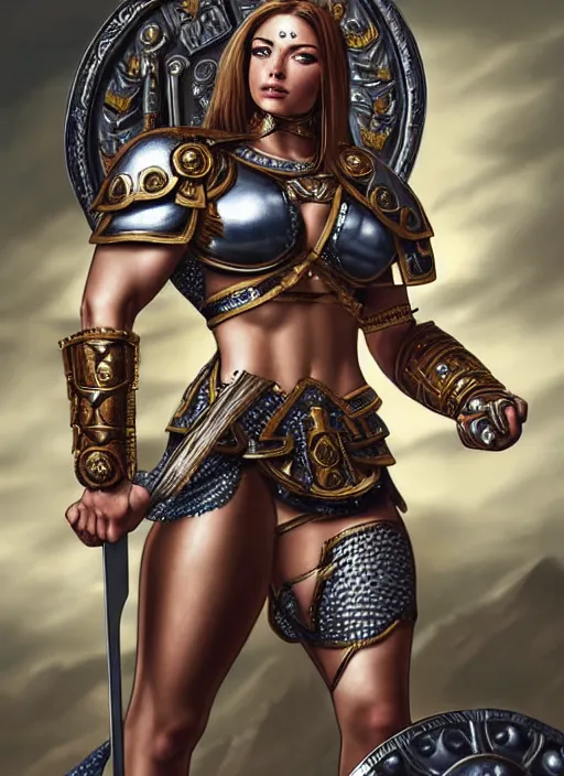 Prompt: portrait of a beautiful muscular maiden spartan with a sword and shield, wounds from battle, warhammer 40000, intricate, elegant, highly detailed, smooth, sharp focus, art by stephen lau and artgerm in the style of Steven Kostic and greg rutkouwski,