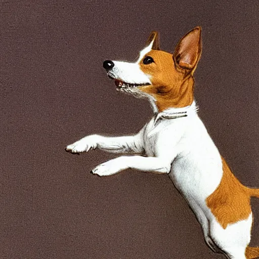 Image similar to closeup portrait of a happy jack russel terrier jumping, illustrated by peggy fortnum and beatrix potter and sir john tenniel