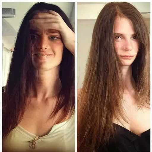 Image similar to before and after picture of a beautiful supermodel before and after she cuts her long hair off