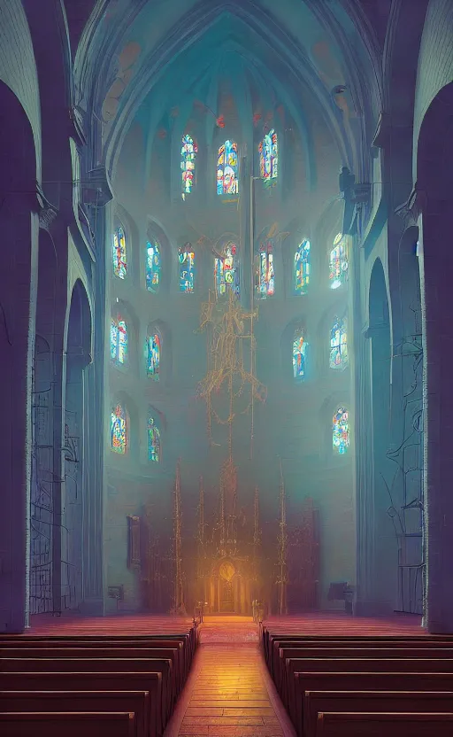 Image similar to Interior shot of a church by Petros Afshar and Beeple, James Gilleard, Mark Ryden, Wolfgang Lettl highly detailed