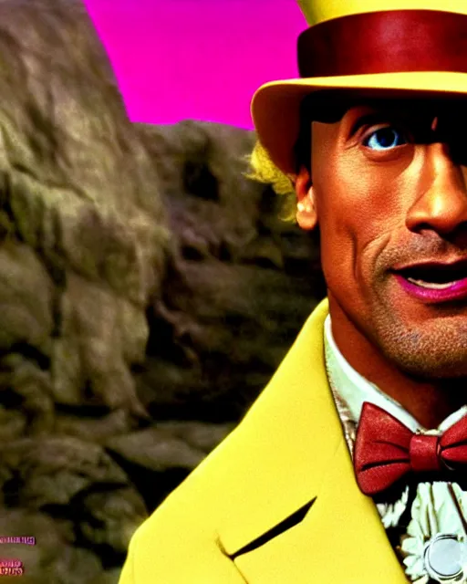 Image similar to Film still close-up shot of Dwayne Johnson as Willy Wonka from the movie Willy Wonka & The Chocolate Factory. Photographic, photography