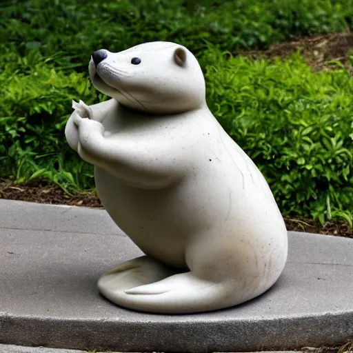 Image similar to marble sculpture of a fat otter holding a bag of groceries