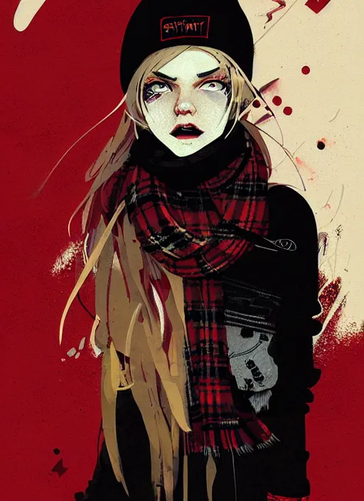 Image similar to highly detailed portrait of a sewer punk lady student, beanie, tartan scarf, wavy blonde hair by atey ghailan, by greg rutkowski, by greg tocchini, by james gilleard, by joe fenton, by kaethe butcher, gradient red, black, brown and gold color scheme, grunge aesthetic!!! white graffiti tag wall background
