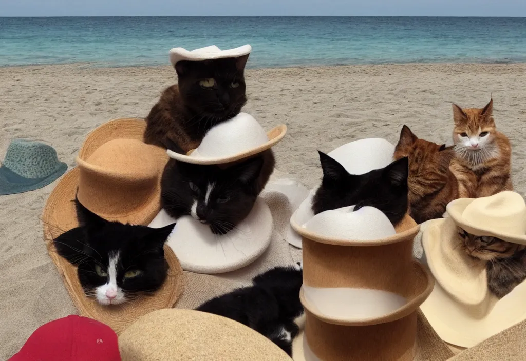 Prompt: cats wearing fedoras relaxing on a beach