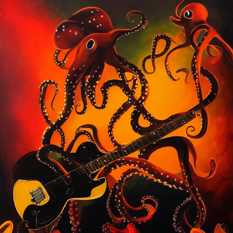 Image similar to a beautiful painting by greg tocchini of an octopus playing drums and telecaster guitar in an electronic concert, dark background, concert light, dark mood, warm lights