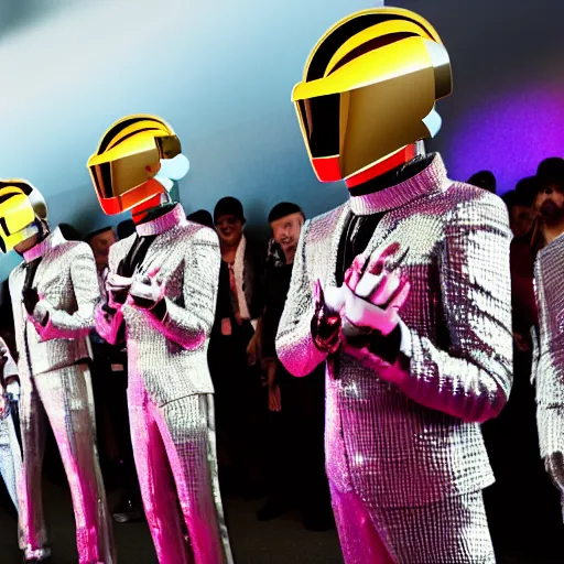 Image similar to a photo of a parade of people dressed in Daft Punk Helmets and Daft Punk Suits, 8k, dramatic lighting