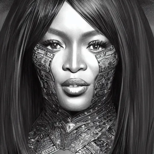 Prompt: full figure ultra realistic illustration, naomi campbell wearing black armor, intricate, elegant, highly detailed, digital painting, artstation, concept art, smooth, sharp focus, illustration, art by artgerm and greg rutkowski and alphonse mucha