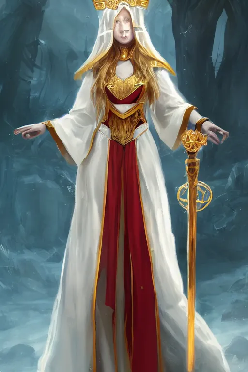 Prompt: Full-body picture of beautiful young priestess, White and gold robes, red waist-long hair, mace and shield, visible face, dungeon and dragons, high fantasy, alluring, artstationhd, artstationhq, trending in artstation, safebooru