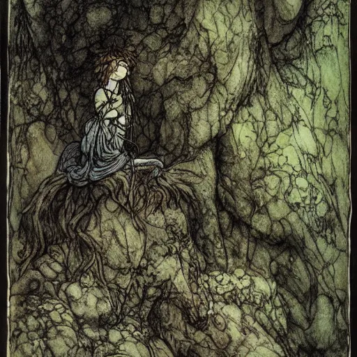 Image similar to a troll on a rock in a forest, dramatic lighting, fluid, smooth, bright, colours, high contrast, sharpness, very detailed, intricate, by briand froud and arthur rackham and john bauer