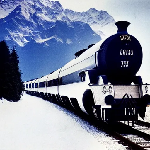 Prompt: Stunning photograph of The Orient Express navigating The Alps by genius photographer Hercule Poirot