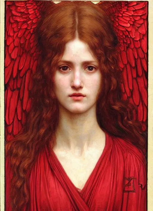 Image similar to portrait of beautiful female archangel in red robes, pre - raphaelite painting by john william waterhouse, trending on art station. highly detailed, symmetrical face.