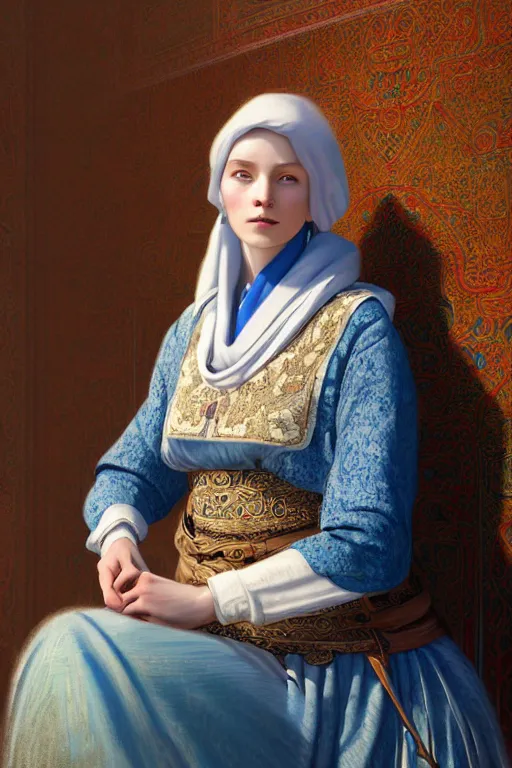 Image similar to portrait of a beautiful nordic woman, blue eyes, wearing a turkish traditional dress in istanbul on 1 9 0 0 s, extremely detailed digital painting, in the style of fenghua zhong and ruan jia and jeremy lipking and peter mohrbacher, mystical colors, rim light, beautiful lighting, 8 k, stunning scene, raytracing, octane, trending on artstation