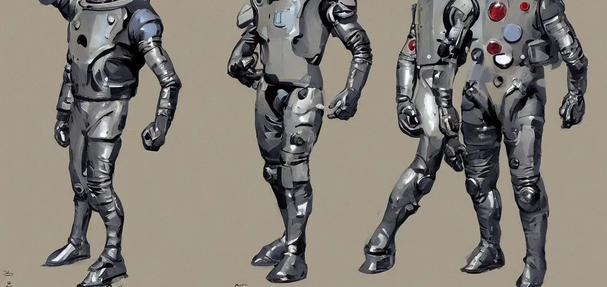 Image similar to male, full body, space suit with a modern helmet, large shoulders, short torso, long thin legs, tiny feet, character sheet, science fiction, very stylized character design, digital painting, by mike mignola, by alex maleev, jean giraud, painted by leyendecker