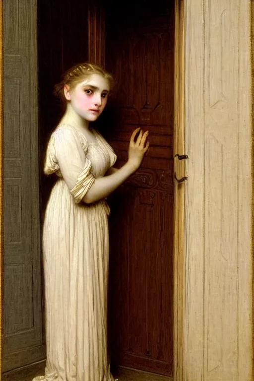 Image similar to girl in thought by auguste toulmouche and bouguereau, perfect detailed eyes, beautiful hands, pale skin, blonde hair, leaning on door