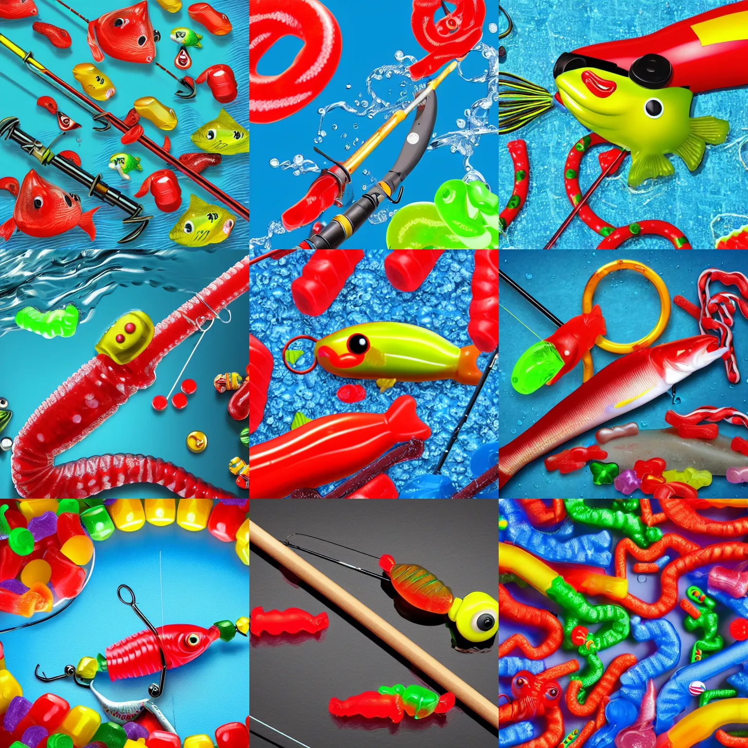 Prompt: a fishing rod and reel has a hook with ( candy gummi worm ) attached as bait. in the water are ( swedish fish candy ) digital art, hyperdetailed, 8 k, hd