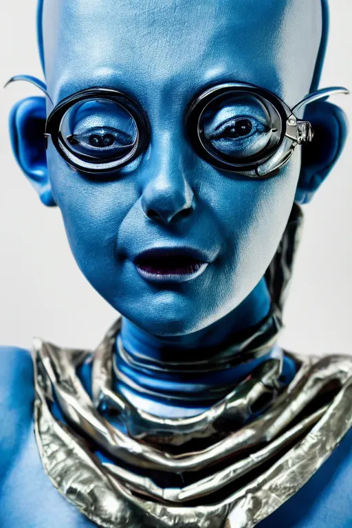 Image similar to beautiful studio portrait of 4 eyed blue alien woman, wearing an outfit made from plutonium, silicone skin, symmetrical face, piercings resembling plasma jets, the 5 th element, cinematrographic, elegant, soft shapes, sharp details, 3 5 mm, f / 2 4