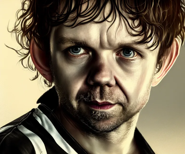 Prompt: a detailed fifty mm portrait of dominic monaghan as a hobbit in a black adidas track suit with white stripes, headshot, highly detailed, digital painting, artstation, concept art, sharp focus, cinematic lighting, illustration, art by met mangindaan, artgerm and greg rutkowski, alphonse mucha, cgsociety