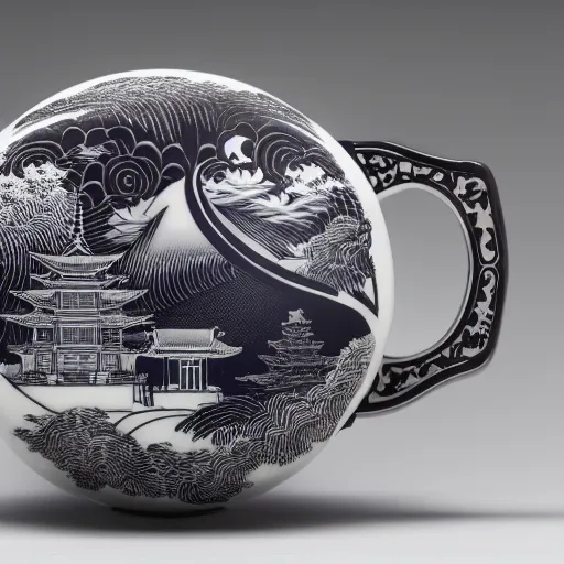 Image similar to astonishing japanese tea cup with amazing artwork of temples and yin and yang on the side, product shoot, studio lighting