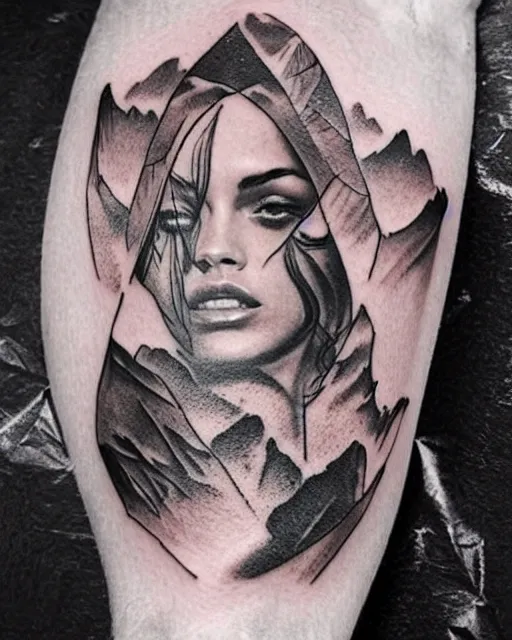 Image similar to double exposure tattoo design sketch of megan fox and beautiful mountains, surrealism tattoo, in the style of matteo pasqualin, amazing detail, sharp