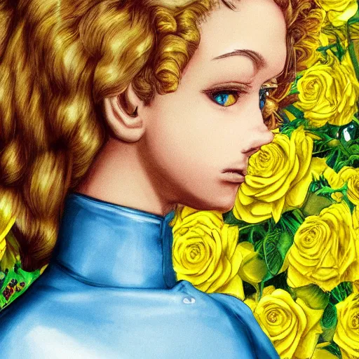 Image similar to a side view portrait of 1 5 years old young and beautiful giorno giovanna, green and yellow roses fill the background, fantasy, cinematic, tarot card, golden ratio, artstation