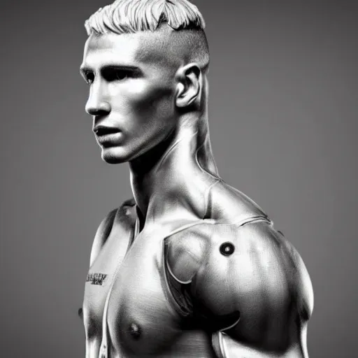 Prompt: a realistic detailed photo of a guy who is an attractive humanoid who is half robot and half humanoid, who is a male android, soccer player sergio ramos, shiny skin, posing like a statue, blank stare, in a living room, on display, showing off his muscles