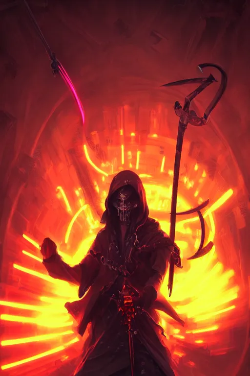 Image similar to portrait of a neon grim reaper wielding a scythe, visible aura of madness distorting the surroundings, occult details, greg rutkowski style, high quality, 8 k,