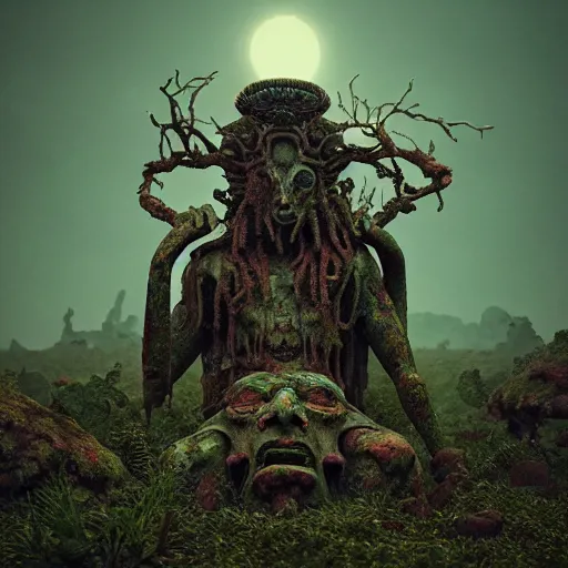 Image similar to ancient dead god being in desolate and lush landscape, moody :: by James Jean, Jeff Koons, Dan McPharlin Daniel Merrian :: ornate, dynamic, particulate, rich colors, intricate, elegant, highly detailed, centered, artstation, smooth, sharp focus, octane render, 3d