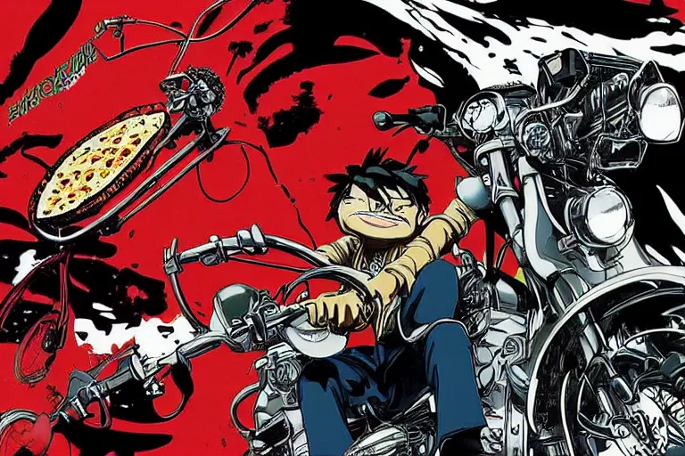 Image similar to pizza, akira's motorcycle, gorillaz, poster, high quality