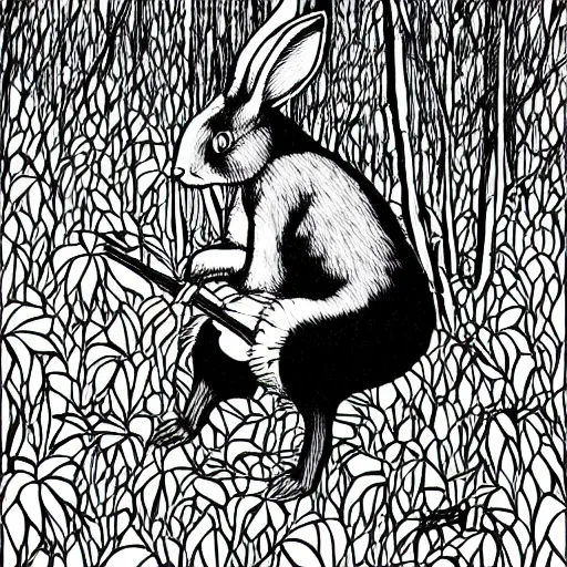 Prompt: a rabbit smoking deep in the forest, black and white illustration, creative design by junji ito