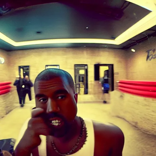 Image similar to blurry, gopro footage of kanye west eating at taco bell, cinematic, volumetric lighting, night, rain