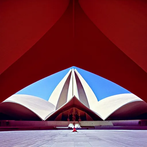 Image similar to interior of a futuristic lotus temple with gold, red and white marble panels, in the desert, by buckminster fuller and syd mead, intricate contemporary architecture, photo journalism, photography, cinematic, national geographic photoshoot