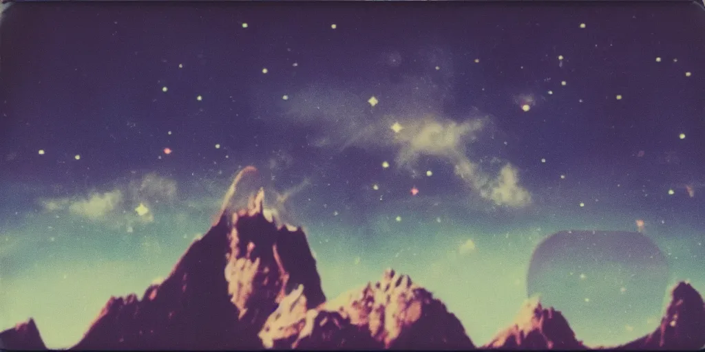 Prompt: vintage polaroid analog photo of a beautiful effeminate man wearing makeup, scifi, gigantic mountains, big clouds, stars in the sky, 8 k, unreal engine, warm azure tones, heavy lensflare, color bleed, film grain