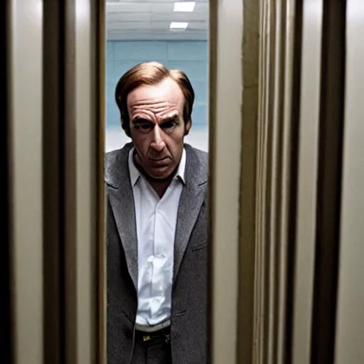 Prompt: Saul Goodman chained in an asylum room, claustrophobic, camera recording