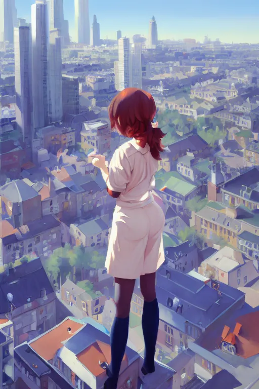 Image similar to a cute giantess wearing school uniform standing in the city which seem small, bird's eye view, gouache, 8 k wallpaper, strong brush stroke, very high detailed, sharp focus, illustration, morandi color scheme, art station, by krenz cushart