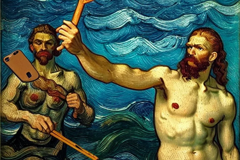 Prompt: hyperrealistic renaissance oil painting of greek god poseidon taking a selfie of himself underwater holding a go pro look king confused holding his trident, highly detailed and intricate by vincent vang gogh and billy butcher