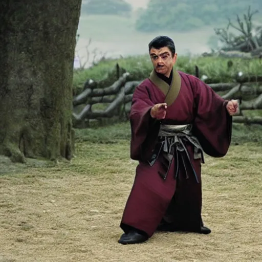 Prompt: an film still of rowan atkinson as samurai, cinematic, dramatic action