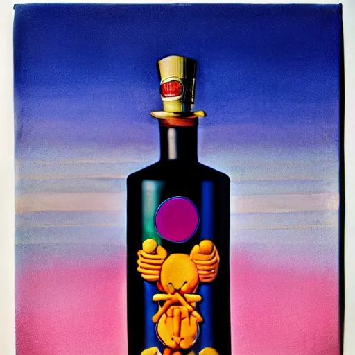 Image similar to whiskey bottle by shusei nagaoka, kaws, david rudnick, airbrush on canvas, pastell colours, cell shaded, 8 k