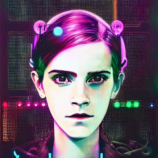 Prompt: female cyberpunk Emma Watson portrait by cy Twombly and BASTIEN LECOUFFE DEHARME, highly detailed circuit boards, led display, iridescent fractal, integrated wiring, high tech, neon lights