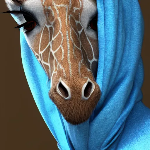 Image similar to a highly detailed portrait of a humanoid giraffe in a blue cloak, close - up, adventurer, artstation, deviantart, professional, unreal engine 5, octane render