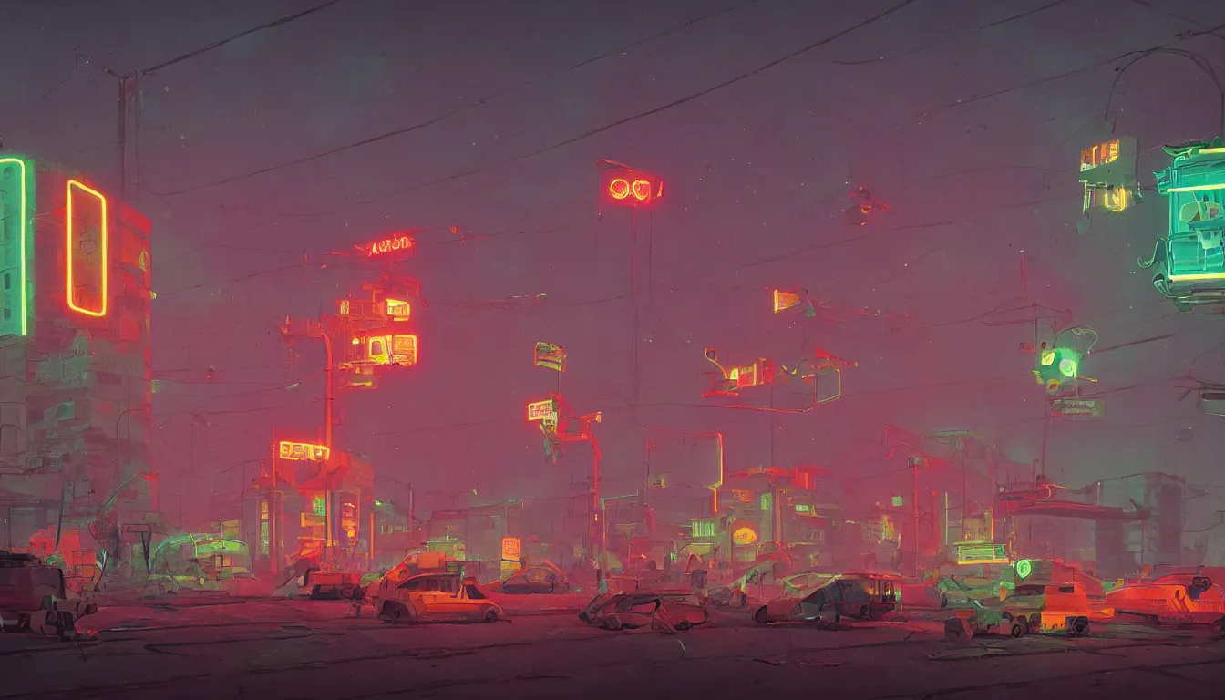 Prompt: robots on the streets, bricked soviet buildings, neon lights, cinematic lights, by simon stalenhag