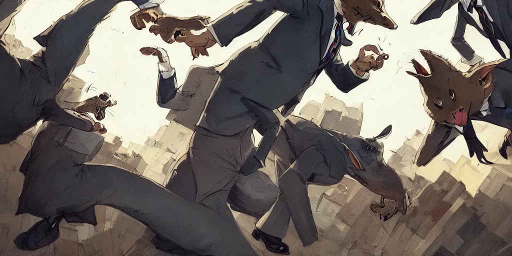 Prompt: two rabbits in suits are fighting, cartoonish, zenith view, warm color palette, night time, dramatic lighting, noir film, fine details, high contrast, blacksad, kim jung gi, greg rutkowski, trending on artstation, 8 k, ultra wide angle