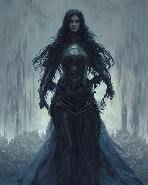 Image similar to a beautiful woman dark hair in an armor with dark eyes, elegant, dark blue, ethereal horror fantasy art by greg rutkowski and magali villeneuve and claude monet