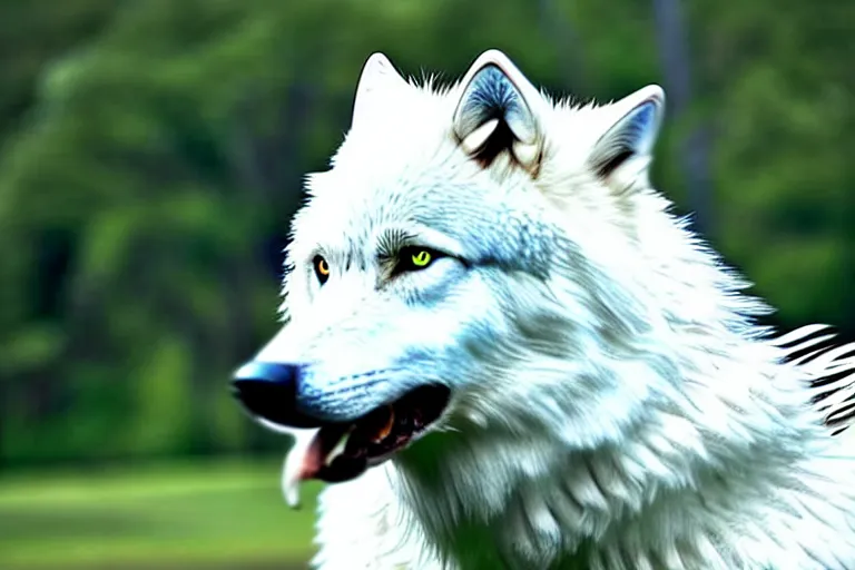 Image similar to a white feathered wolf with a bladed horn and tail